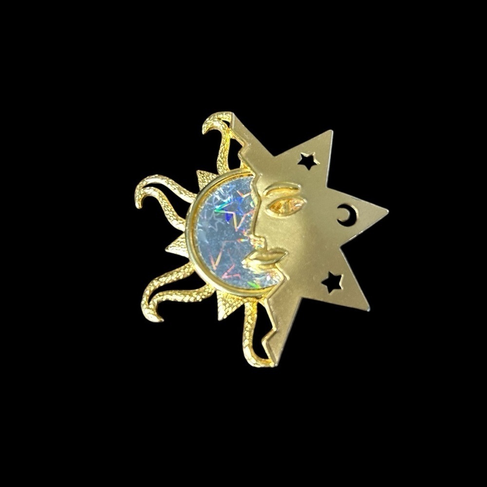 Vintage 1980’s Holographic Celestial Sun Moon and Stars Goldtone Brooch Pin